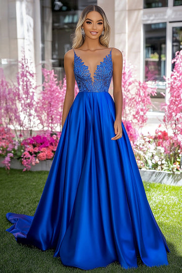 Robe de bal longue trapèze en satin bleu royal à col en V profond avec appliques